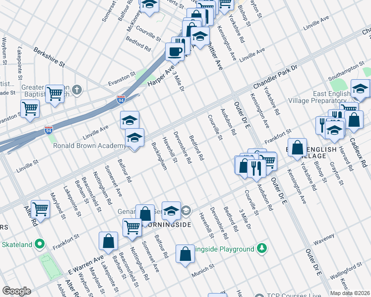 map of restaurants, bars, coffee shops, grocery stores, and more near 5500 Devonshire Road in Detroit