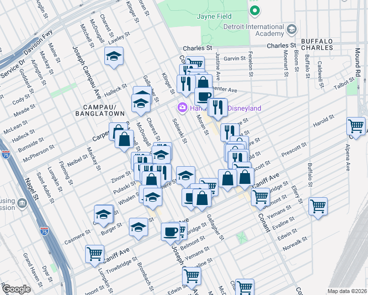 map of restaurants, bars, coffee shops, grocery stores, and more near 11703 Sobieski Street in Hamtramck