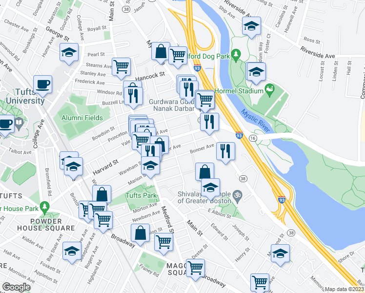map of restaurants, bars, coffee shops, grocery stores, and more near 81 Alexander Avenue in Medford