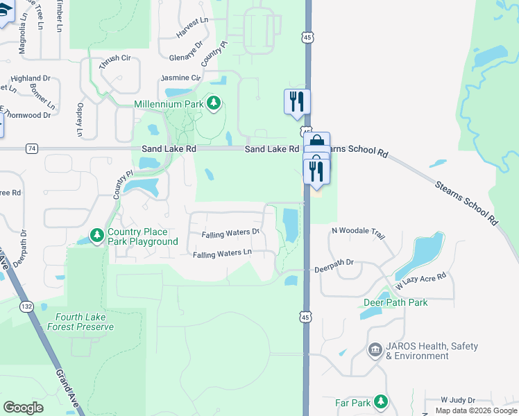 map of restaurants, bars, coffee shops, grocery stores, and more near 2808 Falling Waters Lane in Lindenhurst