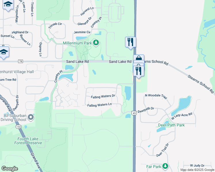 map of restaurants, bars, coffee shops, grocery stores, and more near 2878 Falling Waters Lane in Lindenhurst