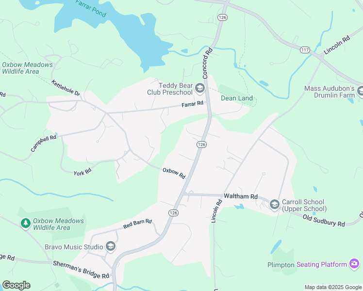 map of restaurants, bars, coffee shops, grocery stores, and more near 17 Oxbow Road in Wayland