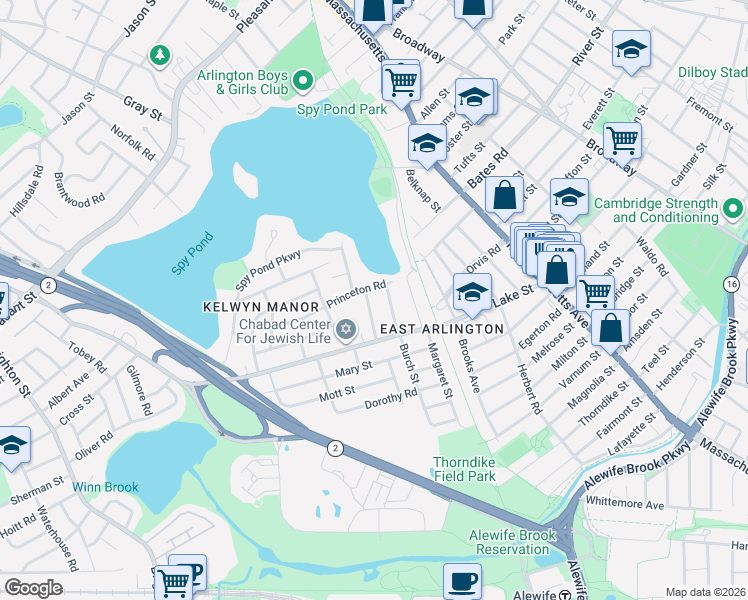 map of restaurants, bars, coffee shops, grocery stores, and more near 27 Pondview Road in Arlington