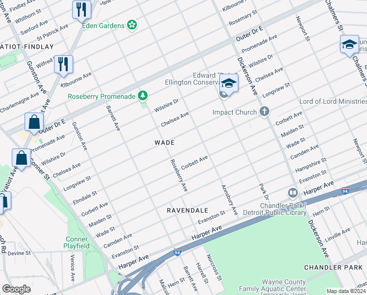map of restaurants, bars, coffee shops, grocery stores, and more near 12265 Elmdale Street in Detroit