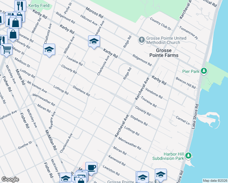 map of restaurants, bars, coffee shops, grocery stores, and more near 204 Cloverly Road in Grosse Pointe Farms