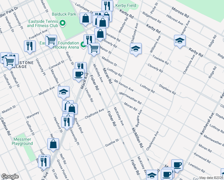map of restaurants, bars, coffee shops, grocery stores, and more near 403 Moran Road in Grosse Pointe Farms