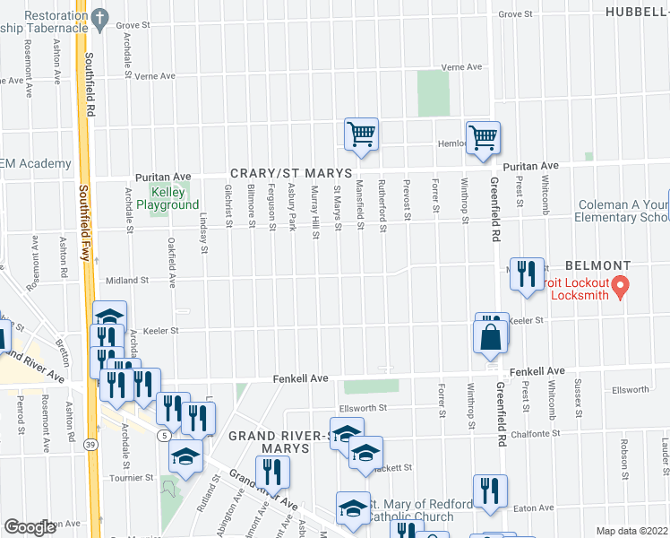 map of restaurants, bars, coffee shops, grocery stores, and more near 15711 St Marys St in Detroit