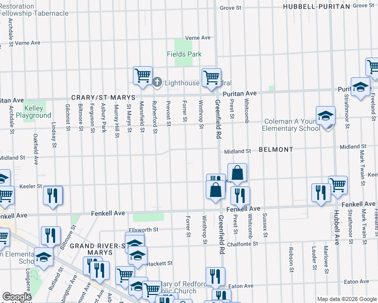 map of restaurants, bars, coffee shops, grocery stores, and more near 15534 Forrer Street in Detroit