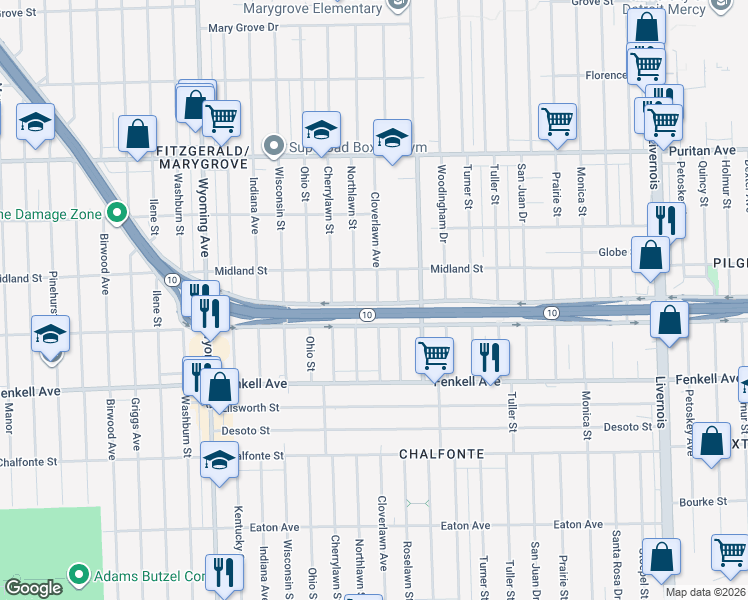 map of restaurants, bars, coffee shops, grocery stores, and more near 15453 Cloverlawn Avenue in Detroit