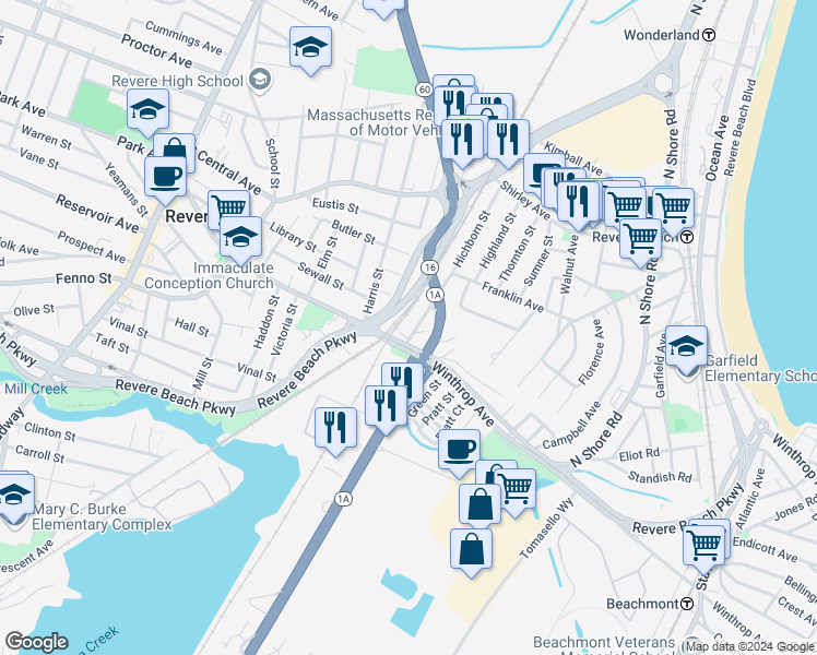 map of restaurants, bars, coffee shops, grocery stores, and more near 509 Massachusetts 145 in Revere