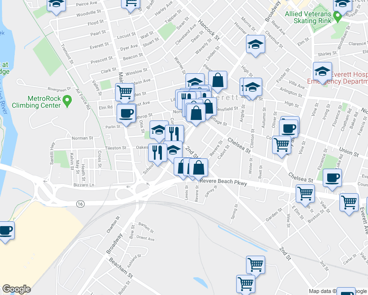 map of restaurants, bars, coffee shops, grocery stores, and more near 11 Cazenove Place in Everett