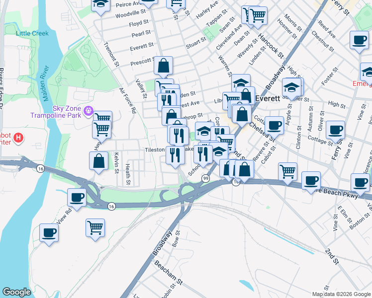 map of restaurants, bars, coffee shops, grocery stores, and more near 9 Oakes Street in Everett