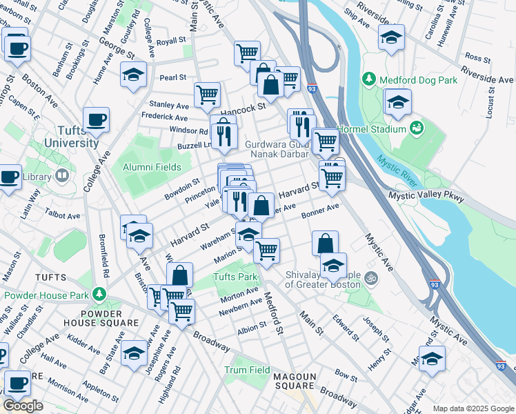map of restaurants, bars, coffee shops, grocery stores, and more near 36 Alexander Avenue in Medford