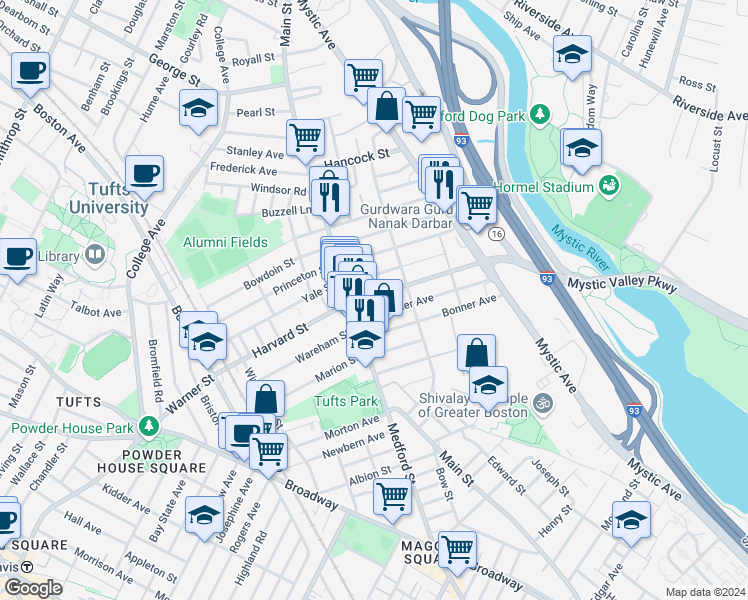 map of restaurants, bars, coffee shops, grocery stores, and more near 371 Main Street in Medford
