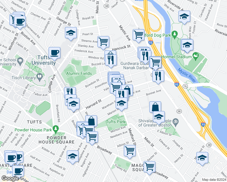 map of restaurants, bars, coffee shops, grocery stores, and more near 1 Harvard Street in Medford