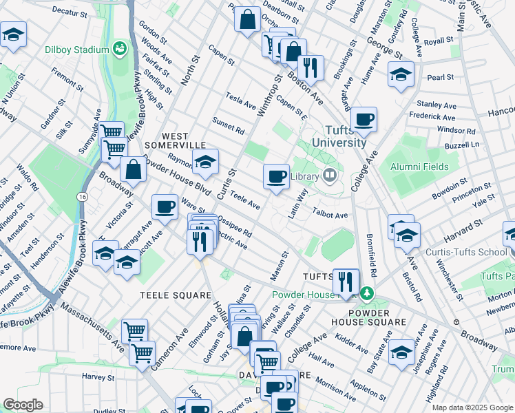 map of restaurants, bars, coffee shops, grocery stores, and more near in Somerville