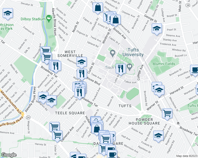 map of restaurants, bars, coffee shops, grocery stores, and more near in Somerville