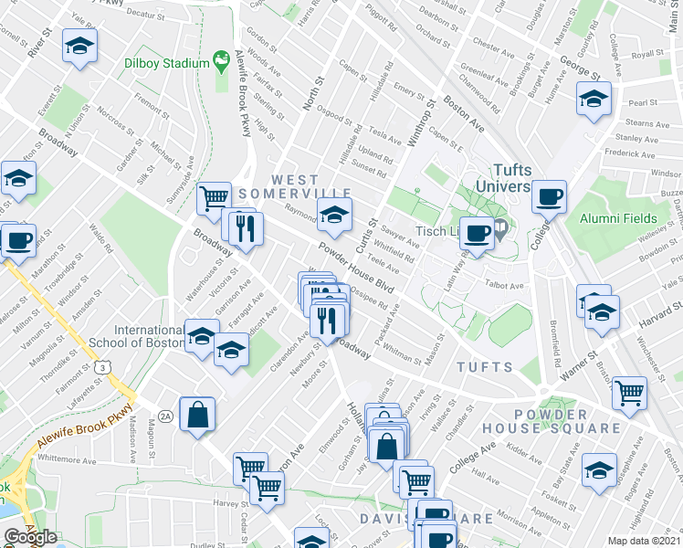 map of restaurants, bars, coffee shops, grocery stores, and more near in Somerville