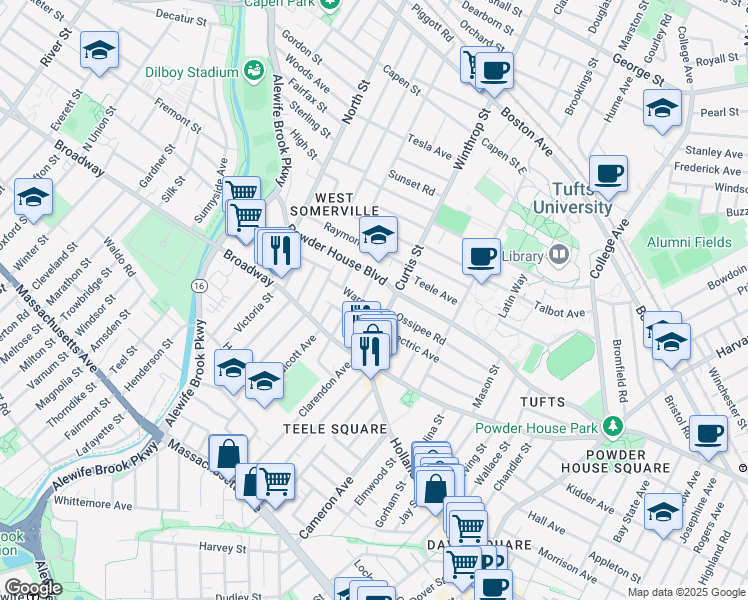 map of restaurants, bars, coffee shops, grocery stores, and more near 12 Ware Street in Somerville
