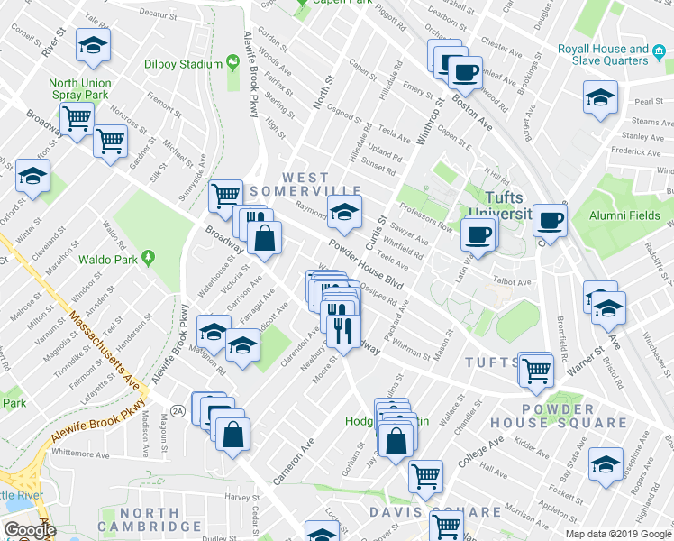 map of restaurants, bars, coffee shops, grocery stores, and more near in Somerville