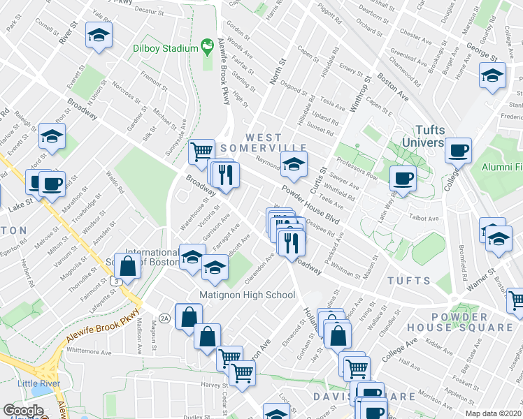 map of restaurants, bars, coffee shops, grocery stores, and more near 42 Fairmount Avenue in Somerville