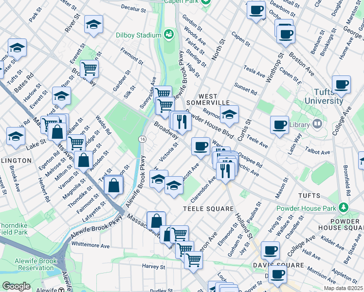 map of restaurants, bars, coffee shops, grocery stores, and more near 18 Victoria Street in Somerville