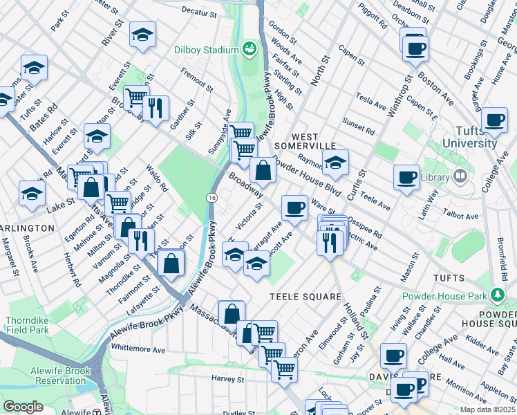 map of restaurants, bars, coffee shops, grocery stores, and more near 18 Victoria Street in Somerville