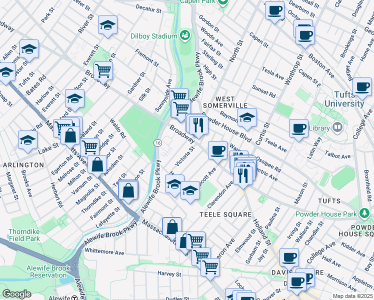 map of restaurants, bars, coffee shops, grocery stores, and more near 18 Victoria Street in Somerville