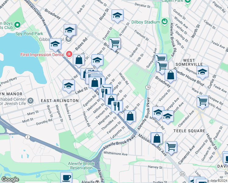map of restaurants, bars, coffee shops, grocery stores, and more near 34 Windsor Street in Arlington