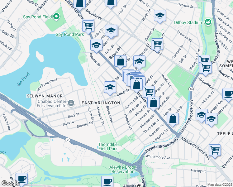 map of restaurants, bars, coffee shops, grocery stores, and more near 1 Newcomb Street in Arlington