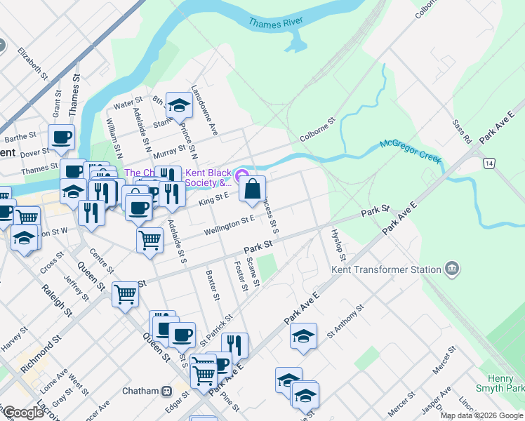 map of restaurants, bars, coffee shops, grocery stores, and more near 163 Wellington Street East in Chatham