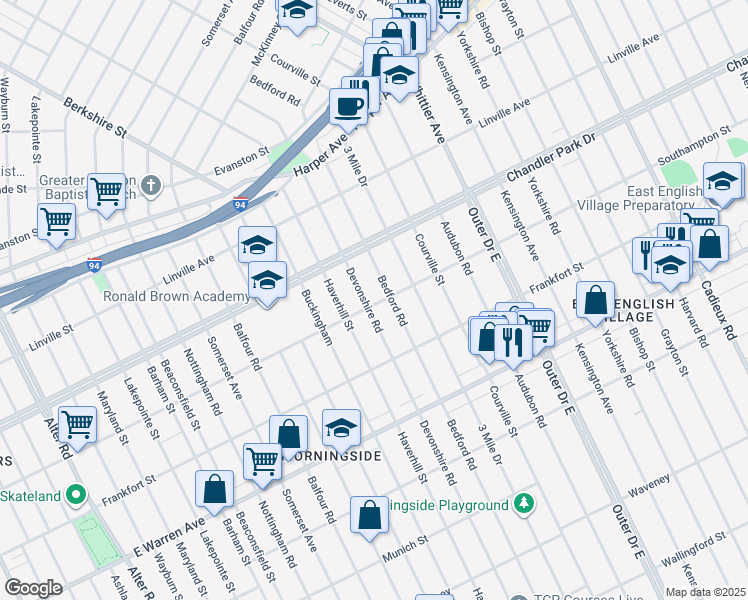 map of restaurants, bars, coffee shops, grocery stores, and more near 5500 Devonshire Road in Detroit