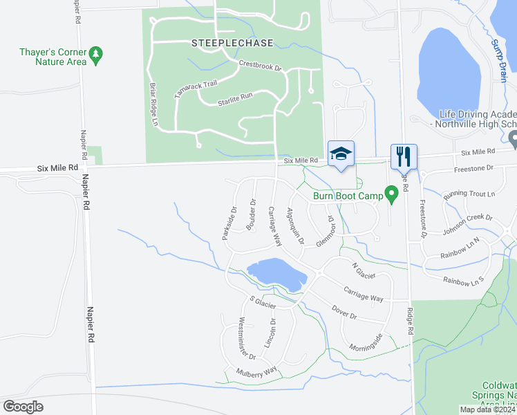 map of restaurants, bars, coffee shops, grocery stores, and more near 17024 Boulder Drive in Northville
