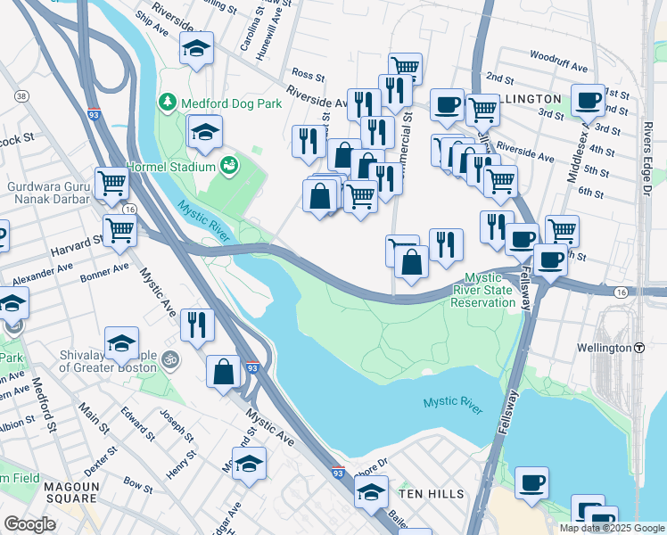 map of restaurants, bars, coffee shops, grocery stores, and more near 3860 Mystic Valley Parkway in Medford