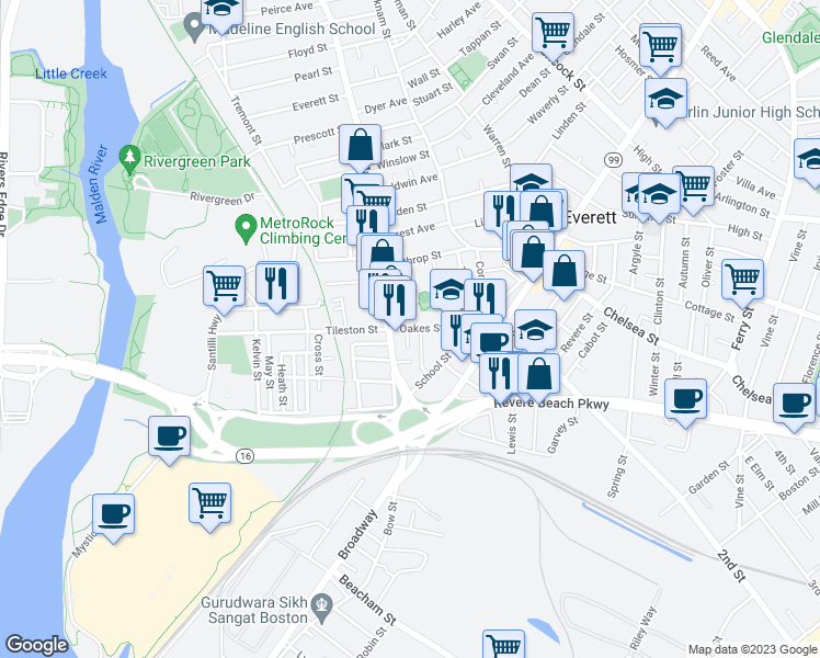 map of restaurants, bars, coffee shops, grocery stores, and more near 9 Oakes Street in Everett