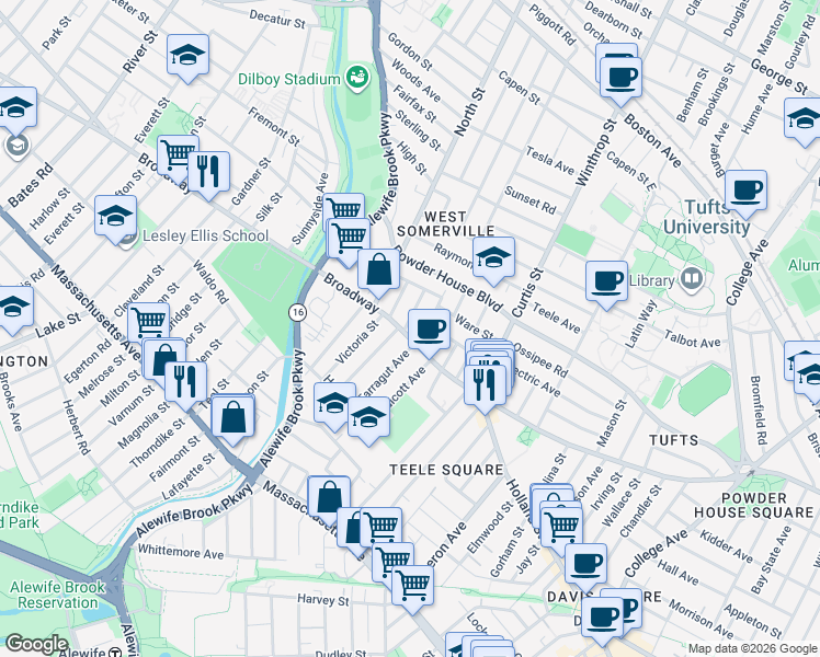 map of restaurants, bars, coffee shops, grocery stores, and more near 1249 Broadway in Somerville