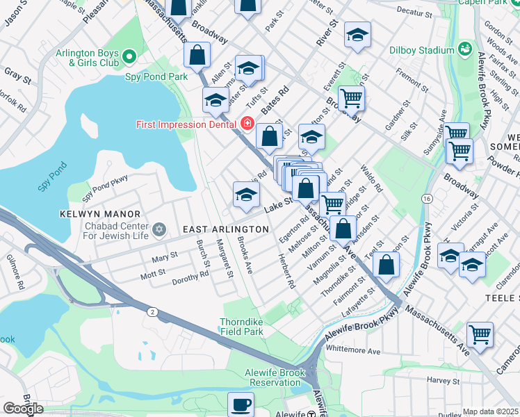 map of restaurants, bars, coffee shops, grocery stores, and more near 1 Newcomb Street in Arlington