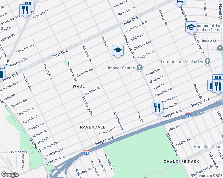 map of restaurants, bars, coffee shops, grocery stores, and more near 12574 Corbett Avenue in Detroit
