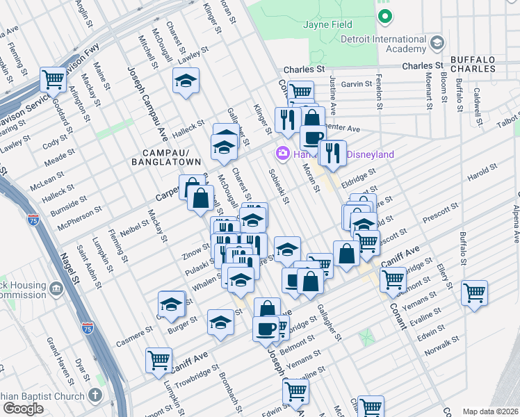 map of restaurants, bars, coffee shops, grocery stores, and more near 11726 Charest Street in Hamtramck