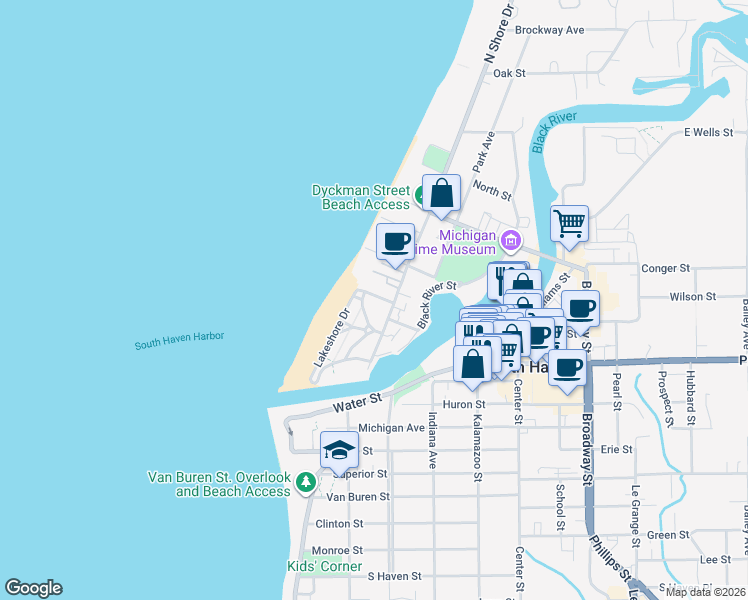 map of restaurants, bars, coffee shops, grocery stores, and more near 92 Avery Street in South Haven