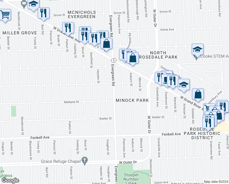 map of restaurants, bars, coffee shops, grocery stores, and more near 15738 Evergreen Rd in Detroit