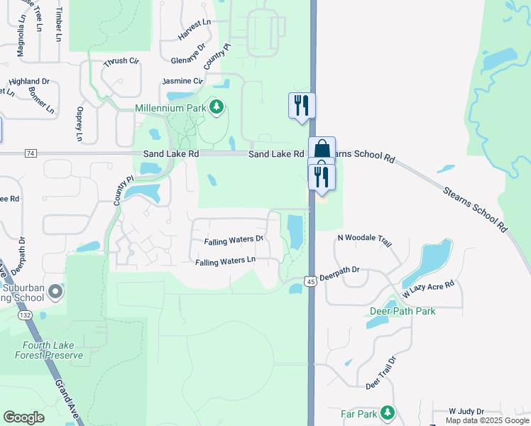 map of restaurants, bars, coffee shops, grocery stores, and more near 2808 Falling Waters Drive in Lindenhurst