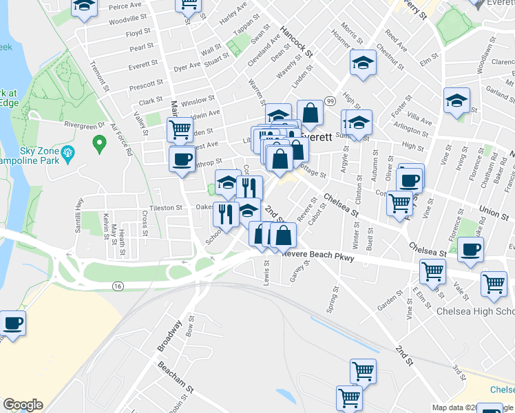 map of restaurants, bars, coffee shops, grocery stores, and more near 0 Corey Street in Everett