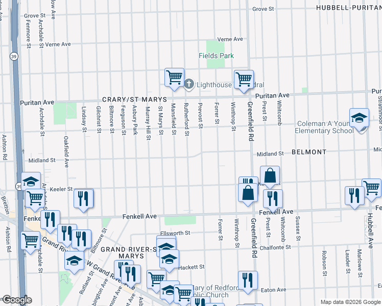 map of restaurants, bars, coffee shops, grocery stores, and more near 15525 Prevost Street in Detroit