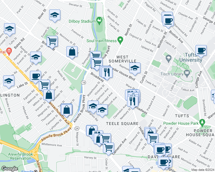 map of restaurants, bars, coffee shops, grocery stores, and more near 1274 Broadway in Somerville
