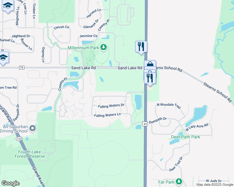 map of restaurants, bars, coffee shops, grocery stores, and more near 2872 Falling Waters Lane in Lindenhurst