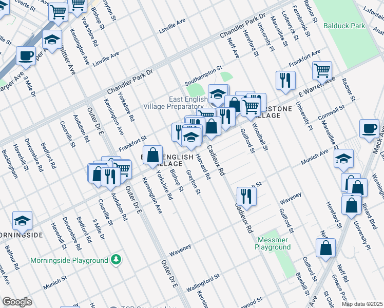 map of restaurants, bars, coffee shops, grocery stores, and more near 4875 Harvard Road in Detroit