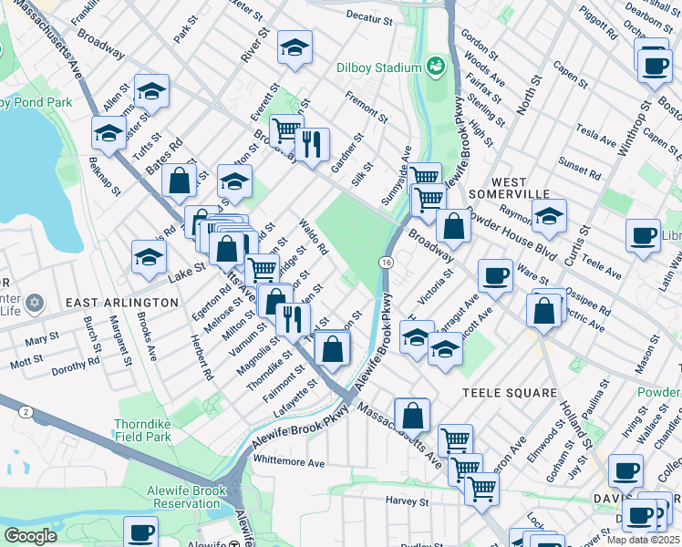 map of restaurants, bars, coffee shops, grocery stores, and more near 65 Waldo Road in Arlington