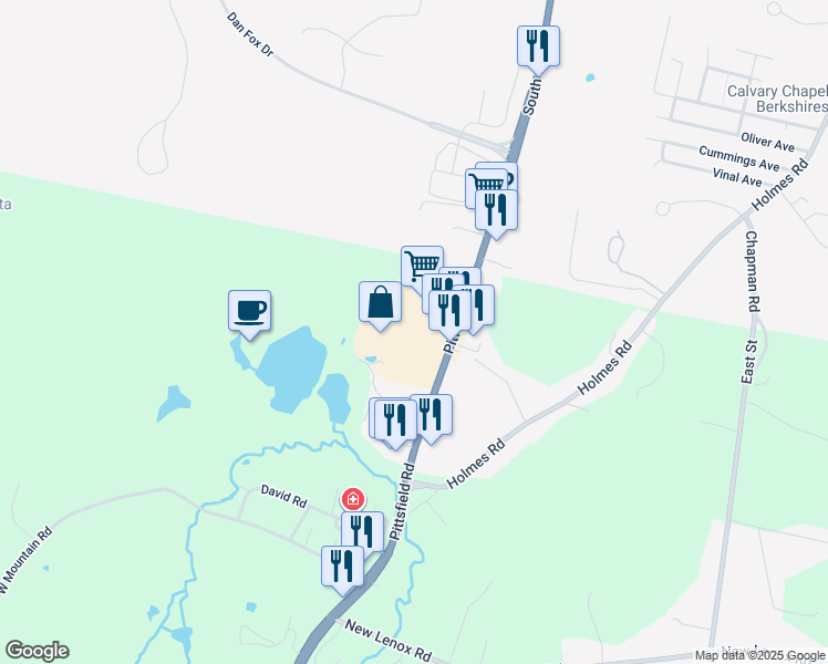 map of restaurants, bars, coffee shops, grocery stores, and more near 489 Pittsfield Road in Lenox