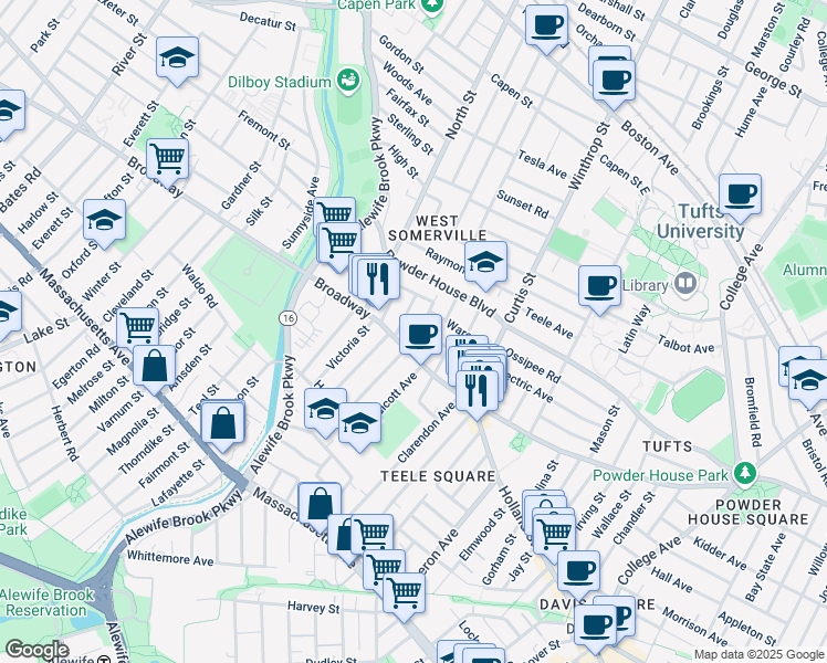 map of restaurants, bars, coffee shops, grocery stores, and more near 12 Russell Road in Somerville